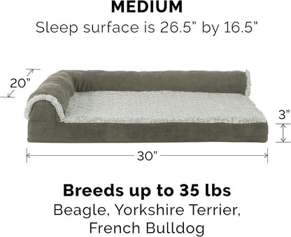 Furhaven Memory Foam Dog Bed for Medium/Small Dogs w/ Removable Bolsters & Washable Cover, For Dogs Up to 35 lbs - Two-Tone Plush Faux Fur & Suede L Shaped Chaise - Dark Sage, Medium