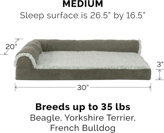 Furhaven Memory Foam Dog Bed for Medium/Small Dogs w/ Removable Bolsters & Washable Cover, For Dogs Up to 35 lbs - Two-Tone Plush Faux Fur & Suede L Shaped Chaise - Dark Sage, Medium