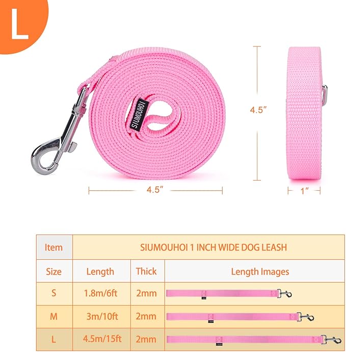 Siumouhoi Strong Durable 15ft Nylon Dog Training Leash, 1 Inch Wide Traction Rope, for Small and Medium Dog (Pink, 15 Feet)