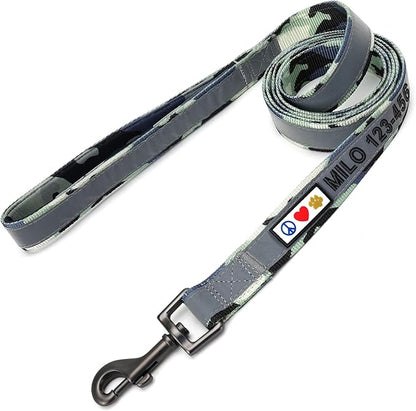 Pawtitas Personalized Camo Grey Dog Leash 6 ft Custom ID Lead for Dogs & Puppies Reflective Comfortable Padded Handle Embroidered Name & Phone Number