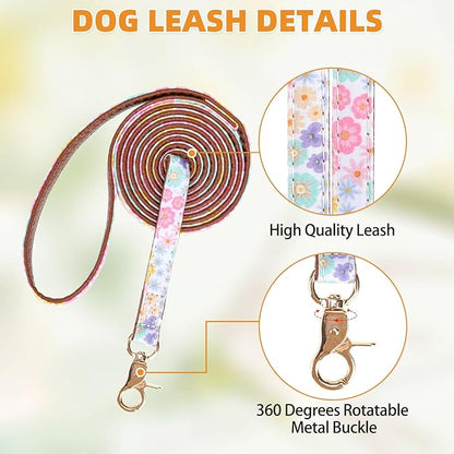 KOOLTAIL Small Dog Collar and Leash Set with Bowtie and Bells - Puppy Collar and Leash for Boy or Girl with Flower Matching Pattern, Soft Leather Tangle Free Leashes for Small Dogs,Cats