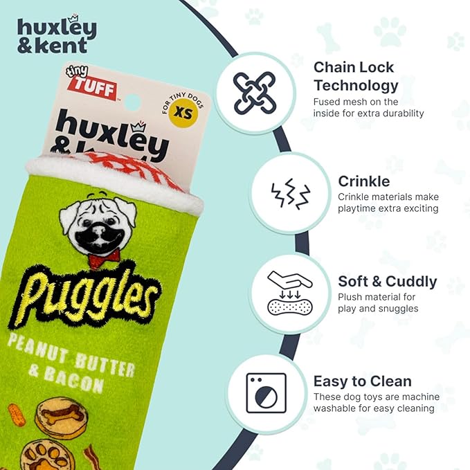 Huxley & Kent Funny Dog Toy w/Squeaker – Power Plush Squeaky Dog Toys for Small Dogs – Durable Small Stuffed Animal for Indoor Play & Fetch - Tiny Tuff Puggles Can