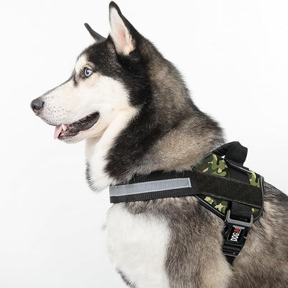 Dogline Dog Harness, Reflective No-Pull Adjustable Vest with Handle for Walking, Training, Breathable, No - Choke Harness for Small, Medium or Large Dogs Room for Patches Girth 15 to 18 in Green Camo