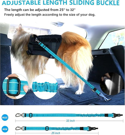 AUBELL Dog Seat Belt for Car,2 Pack Set 3-in-1 Adjustable Reflective Bungee Heavy Duty Dog Car Harness Tether with Clip Hook Latch & Buckle,Swivel Zinc Alloy Carabiner,Black+Blue