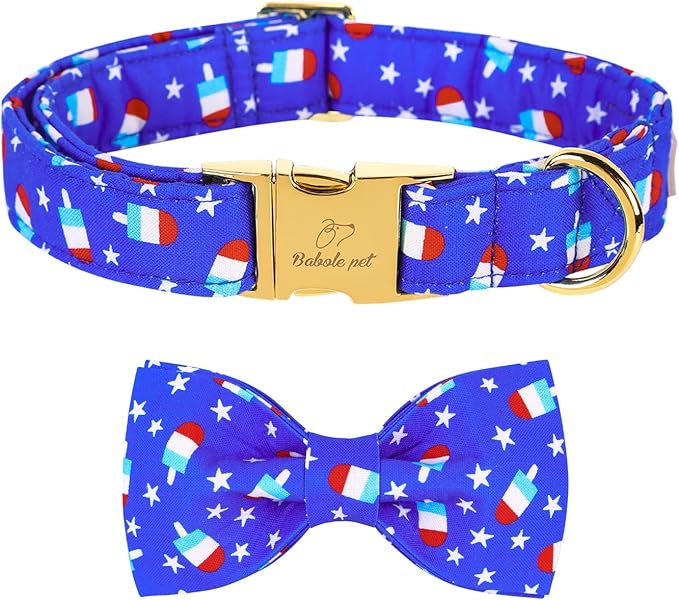 4th of July Dog Collar with Bow Tie, Summer Popsicle Flag Day Dog Bowtie Collars, Blue Adjustable Patriotic Pet Collar for Small Medium Large Dogs M