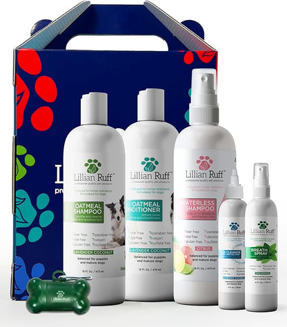 Lillian Ruff Starter Pack Gift Set for Dogs | Oatmeal Shampoo, Oatmeal Conditioner, Waterless Shampoo Citrus, Ear Cleaner & Otic Wax Solvent, Breath Spray, Leash Clip Waste Bag Dispenser with 15 Bags
