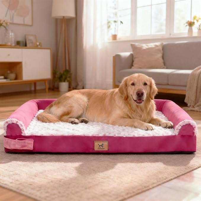 PAWPUBBY Medium-Sized Orthopedic Dog Bed - Washable Rose Velvet Cover, Waterproof Lining, Memory Foam Dog Couch, Non-Slip Base, Sofa Dog Bed for Corgis, Pomeranians, French Bulldogs (Rose Pink, L)