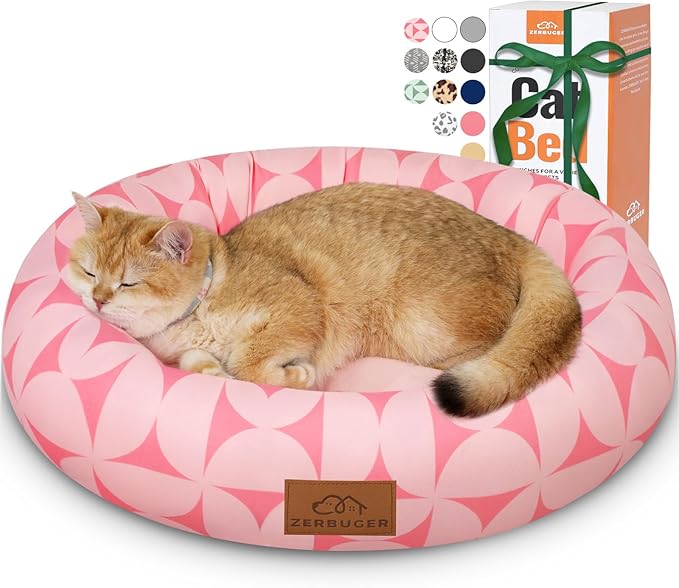 Zerbuger Cat Bed, 20In Dog Beds for Small Dogs, Calming Cat & Dog Beds for Indoor Pets, Pet Beds Comfortable Donut Round Ultra Soft (Pink Pattern, 20.0" L x 20.0" W x 6.5" Th)