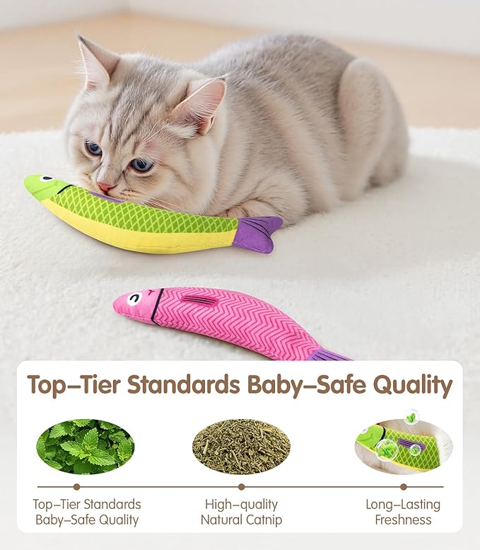 PetBusy Cat Toys with[5000mg A+Natural Catnip &Silvervine] [Baby Grade] Interactive Soft Chew Kicker Cat Toys for Indoor Cats & Kittens, [Crinkle &Bell] Fish Sound Toy, Drives Bored Cat Crazy with Fun