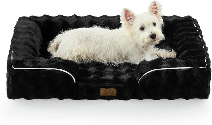 COZY KISS Orthopedic Dog Bed for Large Medium Size Dog, Soft and Warm Faux Fur Sofa for Pet Up to 75 lbs, Foam Bolster Anti-Slip Couch with Washable Removable Cover, L 36x27x6.5 inch, Black