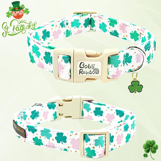 St Patrick's Day Dog Collar-Adjustable Cute Trefoil Pet Collars Cotton Clovers Holiday Puppy Collar Green Spring Necklace Gift for Large Dogs