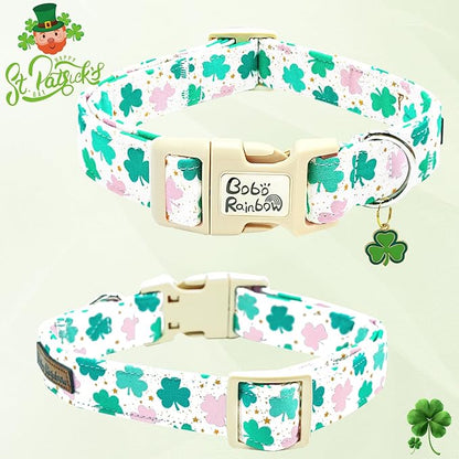 St Patrick's Day Dog Collar-Adjustable Cute Trefoil Pet Collars Cotton Clovers Holiday Puppy Collar Green Spring Necklace Gift for Large Dogs