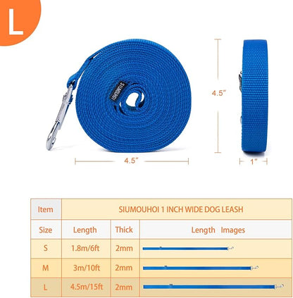 Siumouhoi Strong Durable Nylon 15ft Long Dog Training Leash, Traction Rope, 1 Inch Wide, for Small and Medium Dog (Blue, 15 Feet)