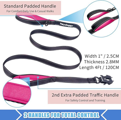 Strong Heavy Duty Dog Leash - 4ft Reflective Nylon Training Leash with Soft Padded Double Handle & Auto Lock Frog Clip - Safety Traffic Control for Large Medium Small Dogs No Pull Walk Black Pink,4ft