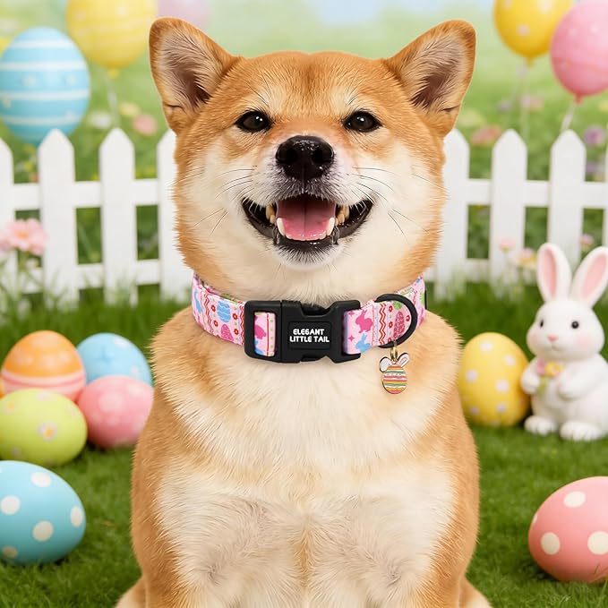 Elegant little tail Easter Dog Collar,Pink Bunny Print Spring Pet Collars Dog Cotton Soft Sturdy Puppy Collars Female or Male Adjustable Collar for Small Medium Large Dogs
