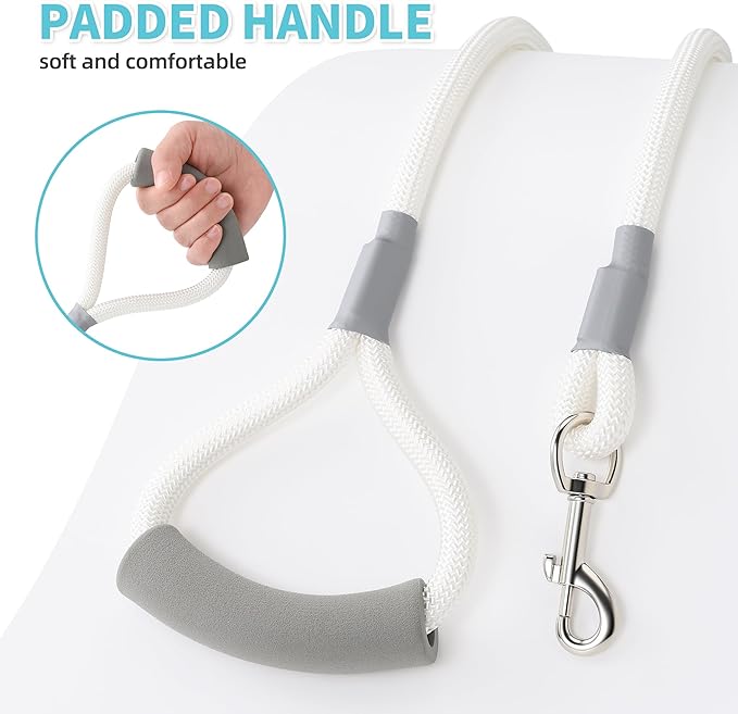 Mile High Life Dog Leash, with Comfortable Padded Handle, White Nylon Rope Leash with Steel Tips, Heavy Duty 5 Feet Pet Leashes (White,60 Inches)