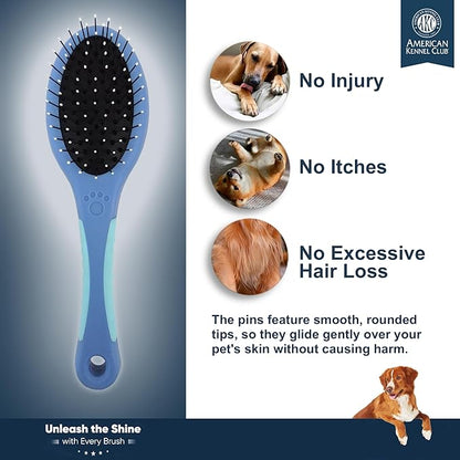 American Kennel Club AKC Pet Grooming Brush for Dogs and Cats - 2-in-1 Deshedding and Detangling Brush with Dense Nylon Bristles, Removes Loose Hair for Short and Long Coat Dogs and All Breeds
