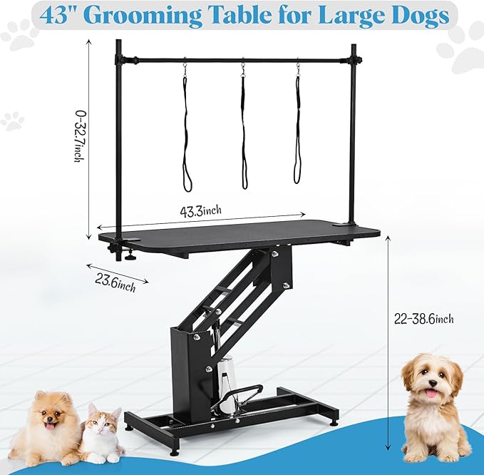 Garvee 43.3" Hydraulic Dog Grooming Table for Pet, Heavy Duty Structural Hydraulic Max Load 350Lbs Professional Pet Grooming Table with Adjustable Overhead Arm & Noose Height Range 22''-39'' (Black)