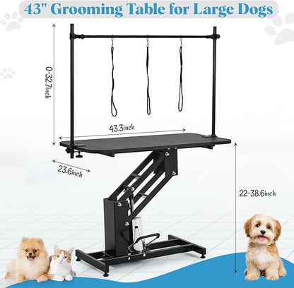 Garvee 43.3" Hydraulic Dog Grooming Table for Pet, Heavy Duty Structural Hydraulic Max Load 350Lbs Professional Pet Grooming Table with Adjustable Overhead Arm & Noose Height Range 22''-39'' (Black)