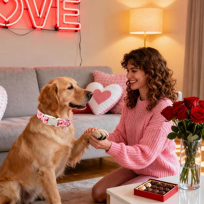 DOGWONG Valentine's Dog Collar - Pink Heart Adjustable Cotton Heart Dog Collar - Cute Dog Collars Perfect for Small Dogs