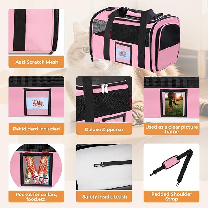 FOORLON Cat Carrier Soft for Pets Up to 15 Lbs, Cat Travel Bag with Padded Shoulder Strap and Detachable Cat Food Bowl, Pet Dog Carriers for Small Dogs Travel Puppy Carry Airline Approved, Pink