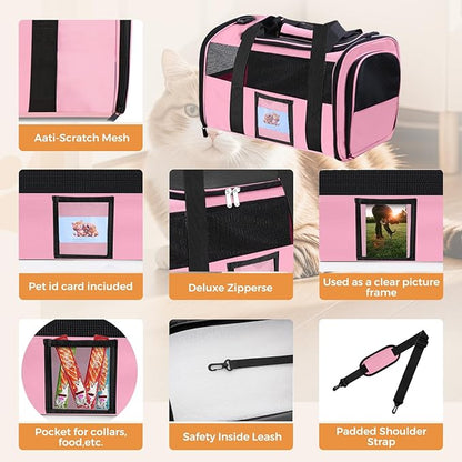 FOORLON Cat Carrier Soft for Pets Up to 15 Lbs, Cat Travel Bag with Padded Shoulder Strap and Detachable Cat Food Bowl, Pet Dog Carriers for Small Dogs Travel Puppy Carry Airline Approved, Pink