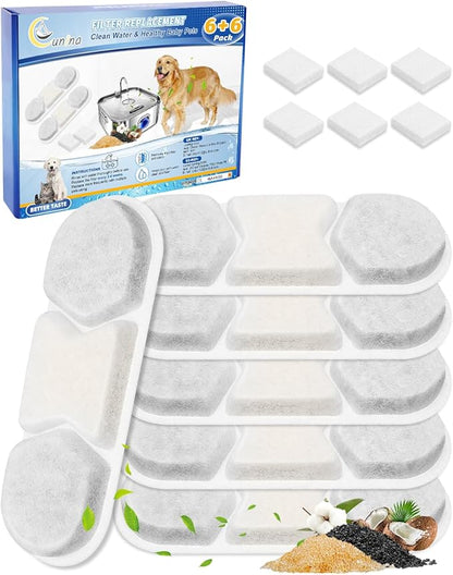 Cunina 6 PCS Dog Water Filters Replacement Fit for WF120 410oz/3.2Gal/12L & Fit for Zuqqony DYSJ01 Pet Water Fountain, Filter & Sponges for Multi-Pet Homes