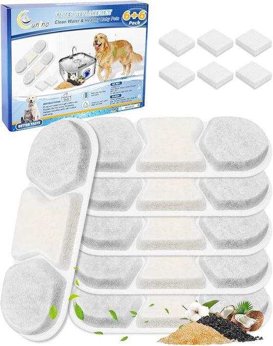 Cunina 6 PCS Dog Water Filters Replacement Fit for WF120 410oz/3.2Gal/12L & Fit for Zuqqony DYSJ01 Pet Water Fountain, Filter & Sponges for Multi-Pet Homes