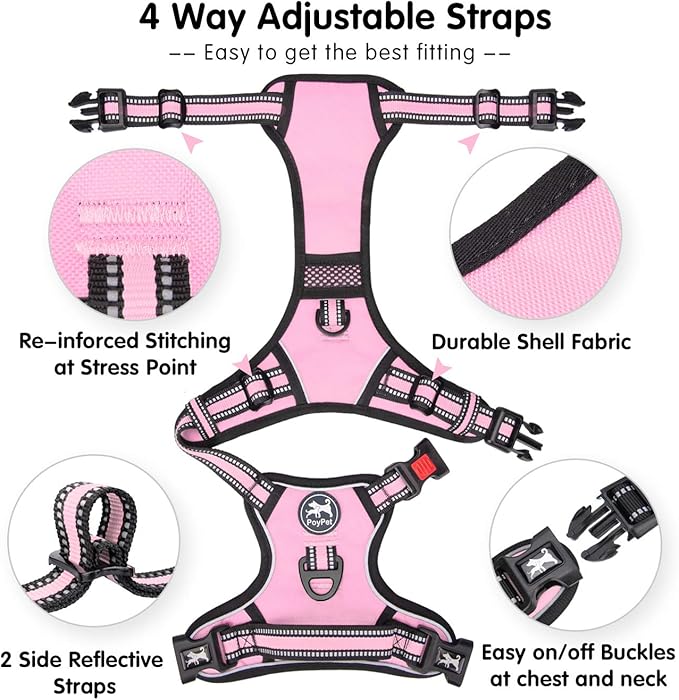 PoyPet No Pull Dog Harness, [Release on Neck] Reflective Adjustable No Choke Pet Vest with Front & Back 2 Leash Attachments, Soft Control Training Handle for Small Medium Large Dogs(Light Pink,S)