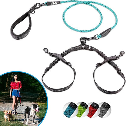 SparklyPets - Double Dog Bungee Rope Leash for 2 Small Dogs - Dual Dog Lead for Small Breeds - Soft Handles, No Tangle, Adjustable Couplers - Flow Leash, 2 Dogs Walking Accessory