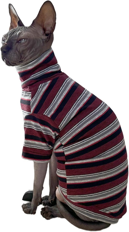 Vintage Stripes Sphynx Hairless Cats Shirt Cotton Cat Turtleneck Pet Clothes Kitten T-Shirts with Sleeves for Sphynx Cats (Old School, X-Large)