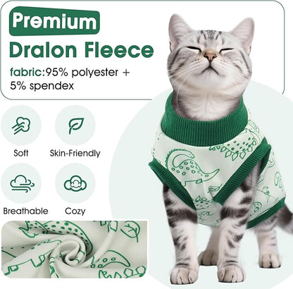 DENTRUN Sleeveless Cat Vest with Dinosaur Print, Breathable Ultra-Soft Dralon Fleece Cat Sweater, All-Season Pet Costume Apparel for Cats, Kitten Clothing for Indoor/Outdoor, Green, L