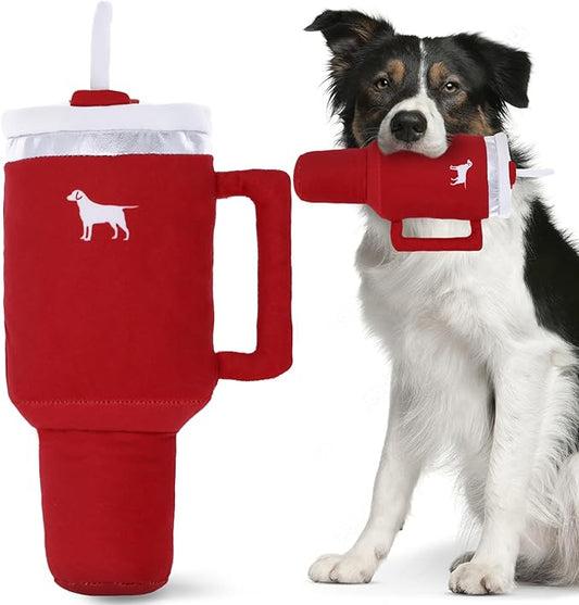 Pup Cup Tumbler Dog Toy – Cute Girl Dog Toy, Valentines & Birthday Gift, Interactive Squeaker, Fun Puppy Present (Ruby Red)