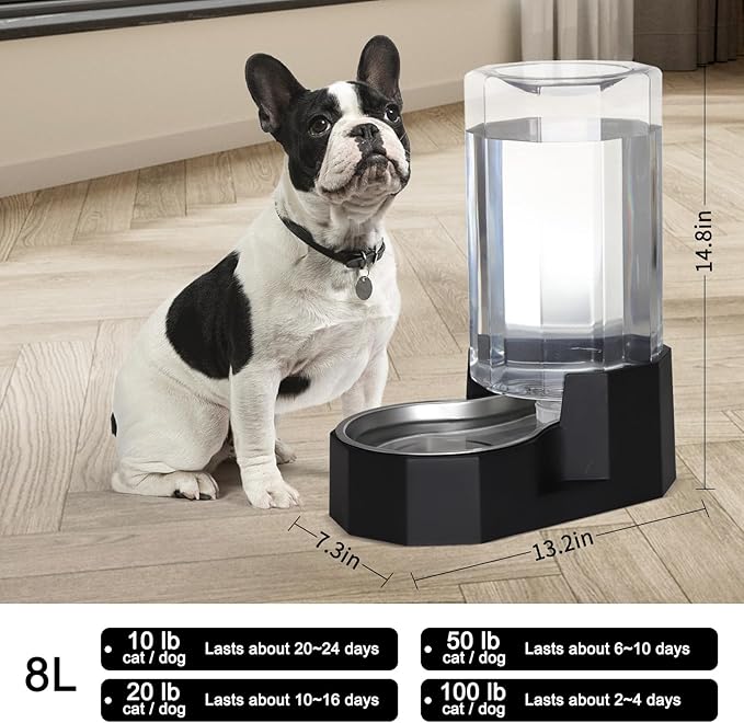 Sfozstra Large Dog Water Dispenser: 8L Automatic Black Stainless Steel Water Feeder with Specialized Brush - Gravity Design for Pets with Joint Issues - Use in Living Room Bedroom