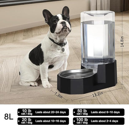 Sfozstra Large Dog Water Dispenser: 8L Automatic Black Stainless Steel Water Feeder with Specialized Brush - Gravity Design for Pets with Joint Issues - Use in Living Room Bedroom