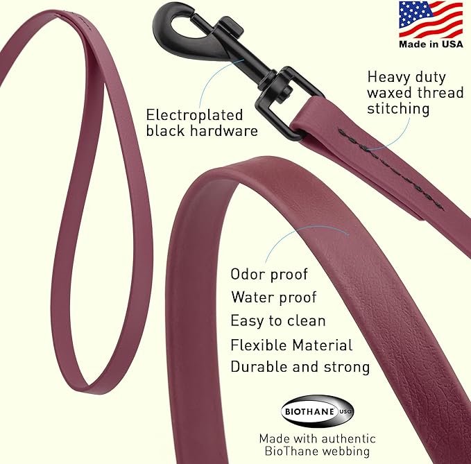 Dogline Biothane Waterproof Dog Leash Strong Coated Nylon Webbing with Black Hardware Odor-Proof Easy to Clean High Performance for Small or Large Dogs Made in USA 4 or 6 ft Lead, Merlot Burgundy