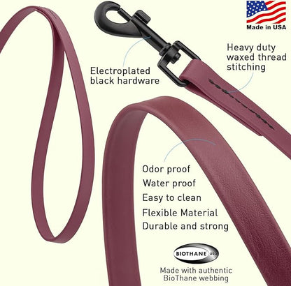 Dogline Biothane Waterproof Dog Leash Strong Coated Nylon Webbing with Black Hardware Odor-Proof Easy to Clean High Performance for Small or Large Dogs Made in USA 2 ft Lead, Merlot Burgundy