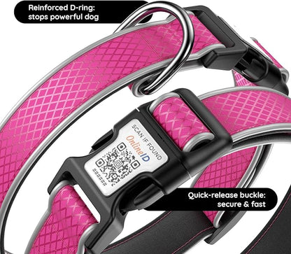 Reflective Dog Collar with Waterproof air tagholder & Anti-Lost QR Code | Ultra-Durable | Soft Padded | Safety Locking Buckle | Fit Large Dogs (Rose Red L(15.7"-23.6"))
