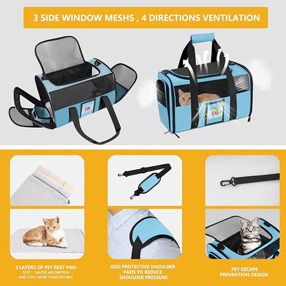 SECLATO Cat Carrier Dog Carriers Airline Approved for Small Dogs, Kitten, Carriers for Small Medium Cats Under 15lb, Collapsible Soft Sided TSA Approved Pet Travel Carrier-Blue