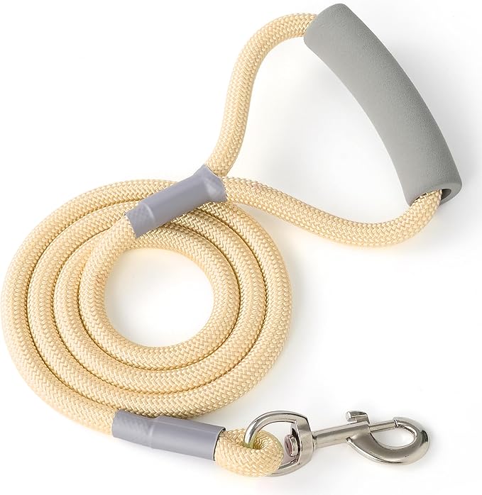 Mile High Life Dog Leash, with Comfortable Padded Handle, Cream Nylon Rope Leash with Steel Tips, Heavy Duty 5 Feet Pet Leashes (Cream,60 Inches)