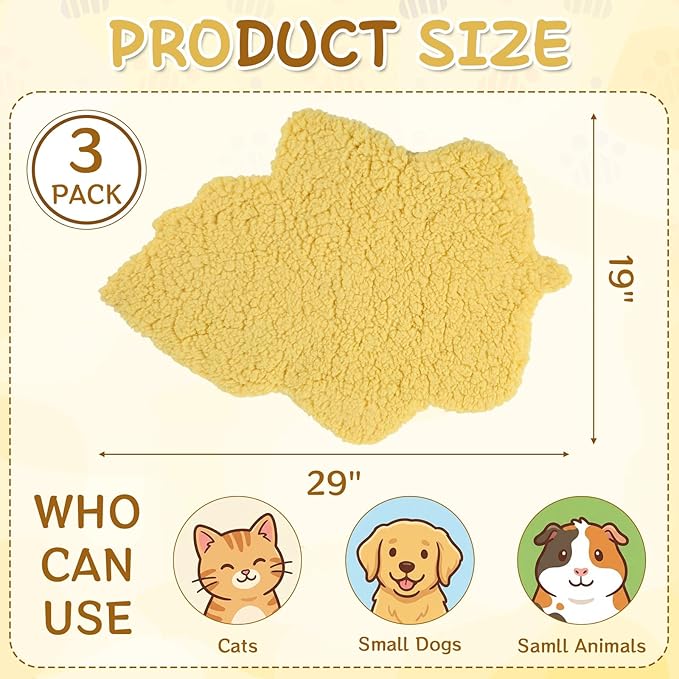 BrightRow 3 Pack Self Warming Pet Bed Leaf Shape Self Heating Cat Dog Mat Washable Thermal Sleeping Pad for Indoor Outdoor Hedgehog, Bunny, Sugar Glider, Rat, Chinchilla(Light Yellow,Large-19 x29)