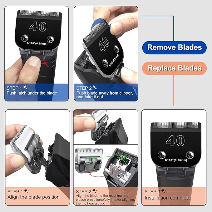 Audoc 6pcs Dog Grooming Replacement Blades Compatible with Andis/Oster A5/Wahl KM-10 Series Dog Clippers,Detachable Clipper Replacement Blade,Black (6PCS Black-#10+30+3FC+4FC+5FC+7FC)