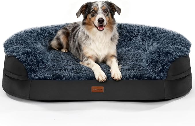 iweepet Black Dog Beds for Large Dog, 41" x 32.6" x 7.7", Removable and Washable Cover, Raised Reboundable Edges, Non Slip Bottom, Warm Plush, Orthopedic Oval Memory Foam Pet Bedding, Indoor