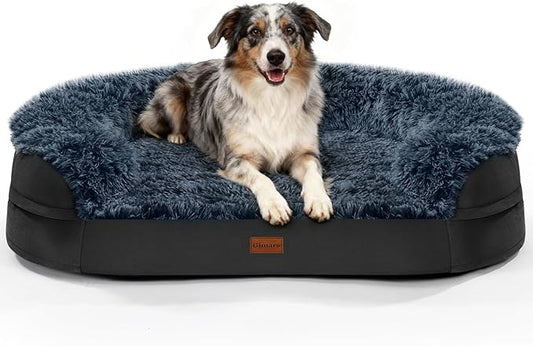 iweepet Black Dog Beds for Large Dog, 41" x 32.6" x 7.7", Removable and Washable Cover, Raised Reboundable Edges, Non Slip Bottom, Warm Plush, Orthopedic Oval Memory Foam Pet Bedding, Indoor