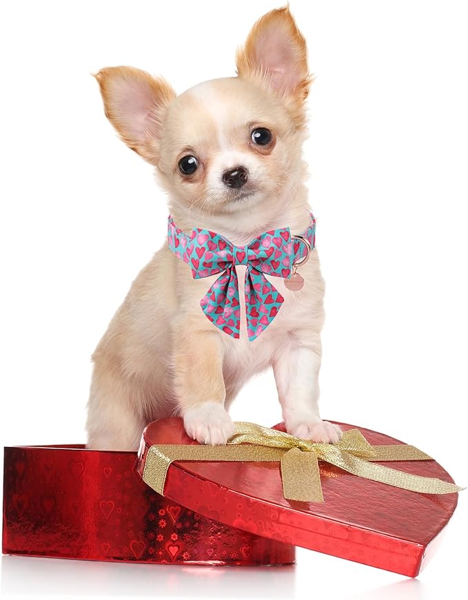UP URARA PUP Valentine’s Day Dog Collar with Bow Tie, Pink Heart Bowtie Collar with Metal Buckle, Valentine’s Day Gift Pet Collar for Puppy Girl Boy Dog or Cat, Wedding Dog Collar, L, Neck 16-24in