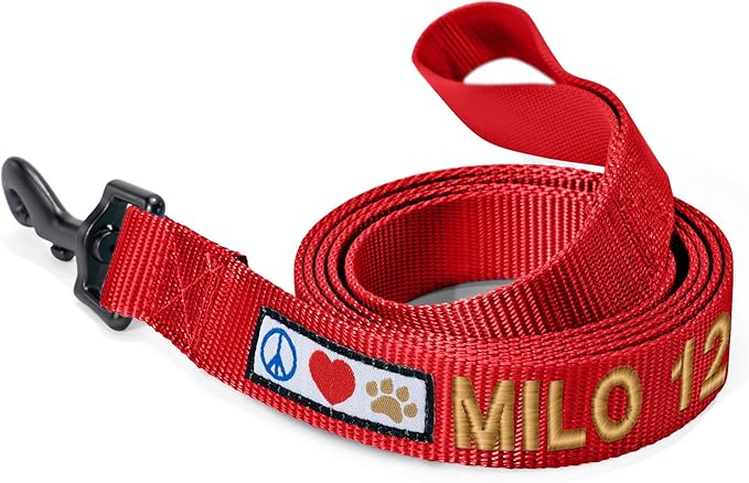 Pawtitas Personalized 6 ft Red Dog Leash XXS/Cat Custom Name and Phone Embroidery Strong Nylon Leash for Small Breeds