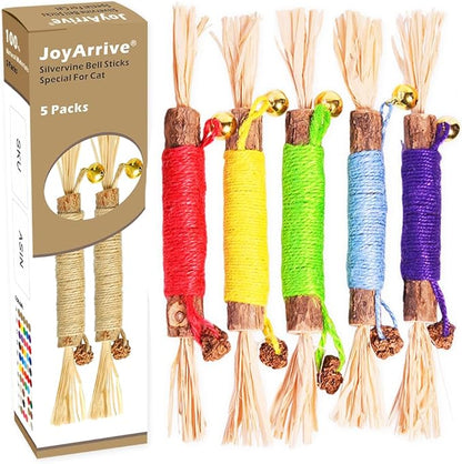 JoyArrive Natural Dried Matatabi Cat Chew Stick with Gall Fruit, Raffia Grass & Bell Cat Ball Toys, Handmade Silvervine Sticks Interactive Catnip Toys for Teething & Entertainment (Size L Color B)