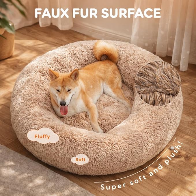 Dog & Cat Bed for Indoor Cats, 24in Calming Donut Pillow mat for Puppy and Kitten, Washable Cooling Round Fluffy Pet Nest for Small Medium Dogs and Cats, Brown