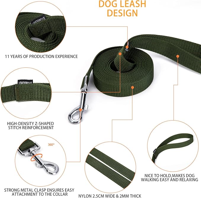Siumouhoi Strong Durable 10ft Nylon Dog Training Leash, 1 Inch Wide Traction Rope, for Small and Medium Dog (Military Green, 10 Feet)