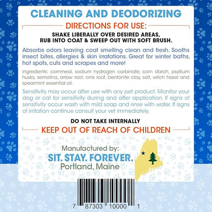 Sit. Stay. Forever. Dry Shampoo for Dogs & Cats – Organic Dry Bath Powder, Talco para Perros, Hypoallergenic, Odor Control for Smelly Dogs, No-Rinse, Anti-Itch, Safe & Natural, Made in The USA, 7 oz